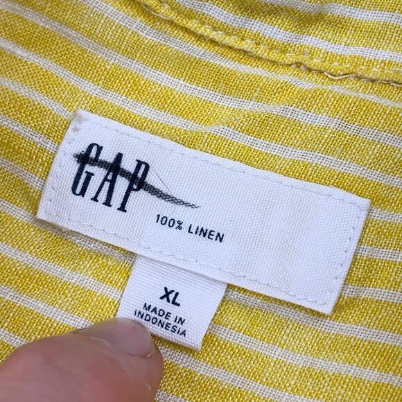 GAP Yellow White Striped 100% Linen Long Sleeve Button Up Shirt - Picture 4 of 6
